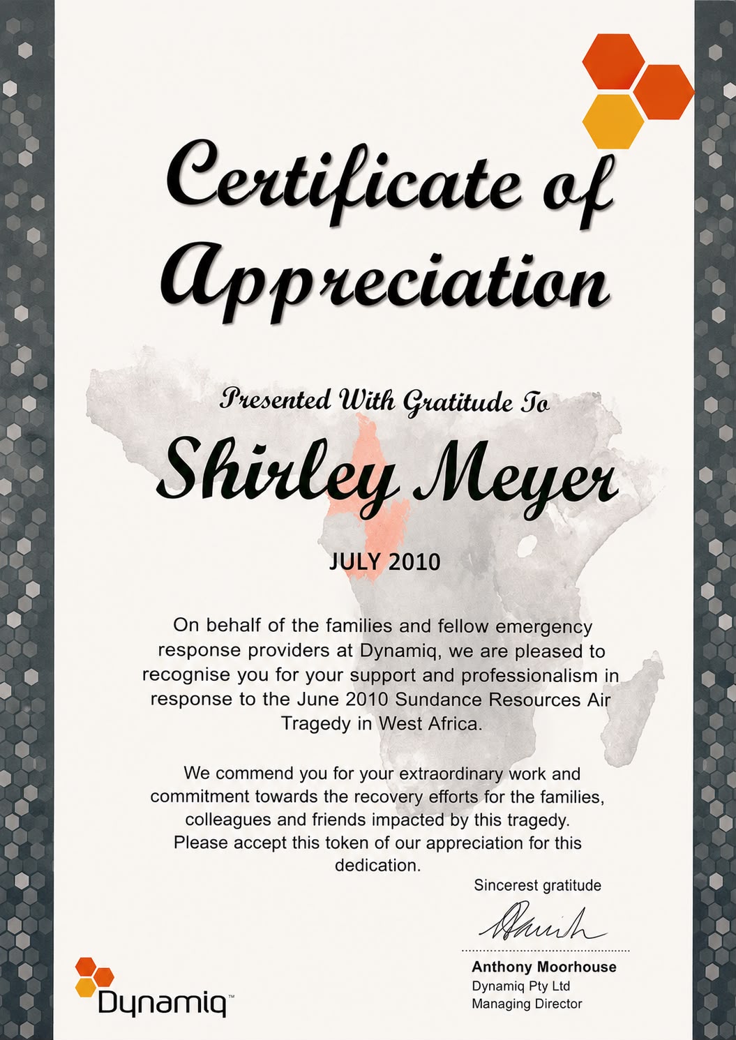 Certificate of Appreciation presented to Shirley Meyer by Dynamiq, July 2010